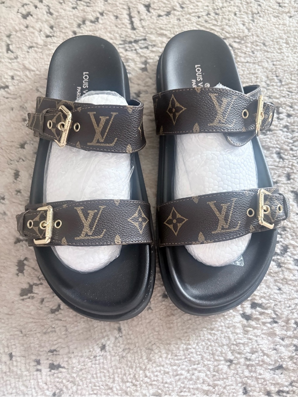 Inspired Double Buckle Slide Sandals in Brown Size 42